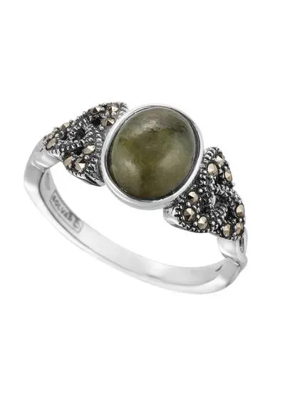 Sterling Silver & Connemara Marble Trinity Knot Ring with Marcasite